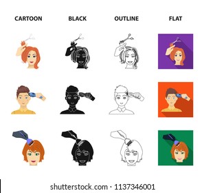 Athlete with a medal, a haircut with an electric typewriter and other web icon in cartoon,black,outline,flat style. Women haircut, hair coloring in the hairdresser icons in set collection.