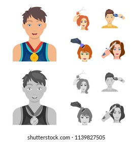 Athlete with a medal, a haircut with an electric typewriter and other web icon in cartoon,monochrome style. Women haircut, hair coloring in the hairdresser icons in set collection.