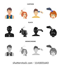 Athlete with a medal, a haircut with an electric typewriter and other web icon in cartoon,black,monochrome style. Women haircut, hair coloring in the hairdresser icons in set collection.