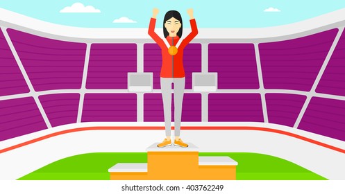 Athlete with medal and hands raised.