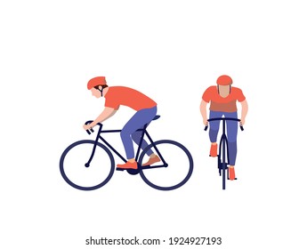 Athlete on a bicycle on a white background. Man in helmet and sportswear on a bicycle. Front view and side view. Silhouette. Flat vector illustration.