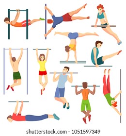 Athlete on horizontal bar vector illustration workout of athletic characters training on crossbar set of sportive people exercising with equipment isolated on white background
