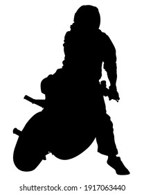 Athlete on a motorcycle performs stunts. Isolated silhouette on white background