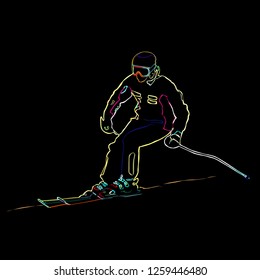 The athlete on mountain skiing climbing down a mountain, neon, a color vector illustration on a black background