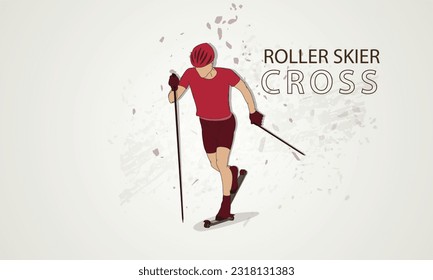 Athlete on roller ski runs cross. Vector illustration. Abstract light background.