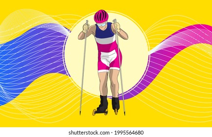 An athlete, on roller skis on a bright, abstract background.