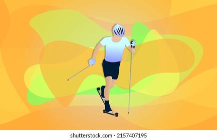 An athlete on roller skis, with ski poles. Orange abstract background.