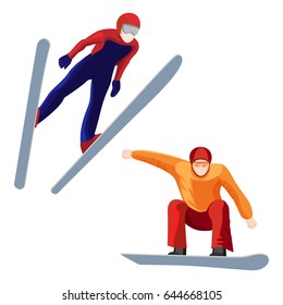 Athlete on skis and professional snowboarder vector illustration isolated