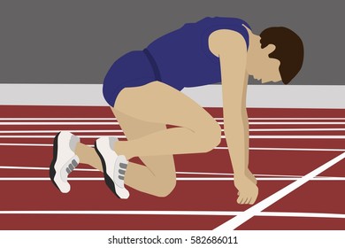 Athlete on the starting blocks. Running man on low start. Motivation concept. Flat vector stock illustration.