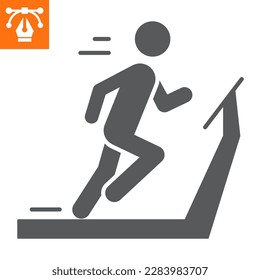 Atleta sobre sólido de cinta caminadora, icono de glifo para sitio web o aplicación móvil, fitness y deporte, ilustración vectorial de entrenamiento cardiovascular, gráficos vectoriales con trazos editables.