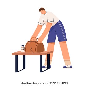 Athlete packing clothes into bag on bench in gym. Man in sports center, fitness club. Person in dressing locker room after changing sportswear. Flat vector illustration isolated on white background