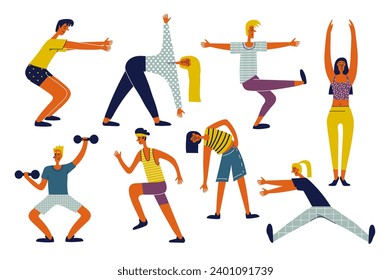 Athlete people do fitness set in flat character design for web. Bundle persons of different women and men training and exercising, jogging, doing yoga asana and dumbbell workout. Vector illustration.