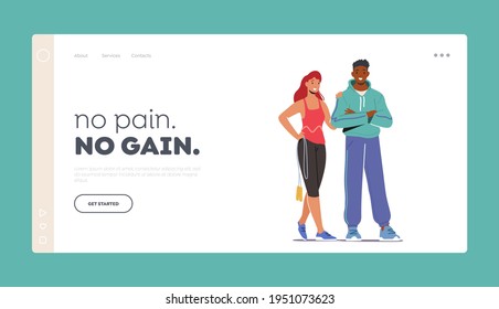 Athlete People Visiting Gym Landing Page Template. Happy Couple Characters Wearing Sports Clothes and Sneakers Stand Together. Woman Holding Jump Rope Touch Man Shoulder. Cartoon Vector Illustration