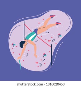The athlete performs a pole vault. Vector illustration, postcard, poster, banner.