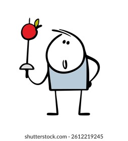 Athlete pierced the apple. Vector illustration of a fruit hanging on a sword. Fencing and weapons. Cartoon people isolated on white background.
