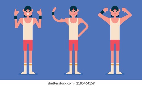 Athlete player showing his weak small muscles, sport man with thin body wear red underwear doing like sign and dislike sign, Flat avatar vector illustration.