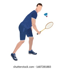 Athlete playing badminton with racket and shuttlecock, vector illustration isolated on white background. Badminton player wearing sport uniform, sport championship event, training.