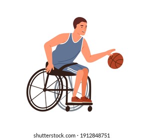 Athlete Playing Basketball Sitting In Wheelchair Vector Flat Illustration. Disabled Man With Paralyzed Legs During Game Or Training With Ball Isolated. Person With Disability Doing Sports. 