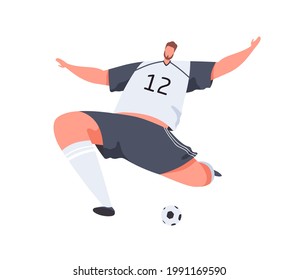 Athlete playing football, hitting ball. Abstract soccer player making strong kick with foot with running start. Colored flat vector illustration of professional footballer isolated on white background