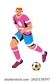 Athlete playing football professionally. Isolated soccer player with ball. Footballer taking participate in organized competitions, representing their clubs or national teams. Vector in flat style