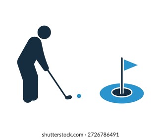 Atleta jugando putt shot en campo de golf poniendo verde actividad recreativa Ilustración vectorial concepto de diseño.