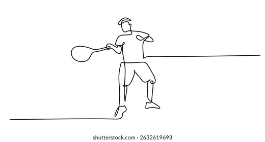 Athlete playing tennis single line design. Racket sport on court fitness. Active match modern vector.