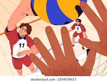 Athlete plays volleyball in gym first person view. Player catch ball after hit, volley of opponent team above net. Sportsmen are on sports game competition, match on field. Flat vector illustration