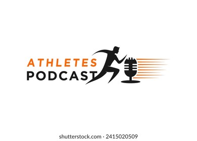 Athlete podcast logo design, speed runner and microphone icon symbol illustration.