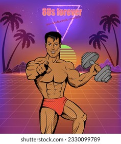 Athlete, powerlifter with heavy dumbbells on motivational banner. Fitness man on poster in pop art style. Advertisement of 80s music festival with strong guy, sportsman posing with dumbbell
