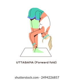 Athlete practices yoga asana, stretching in forward fold pose during training. Young woman does sport exercise, stands in posture in workout. Flat isolated vector illustration on white background