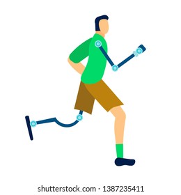 Athlete with Prosthesis Flat Vector Illustration. Cartoon Disabled Individual with Amputated Limbs. Active Amputee Man Training. Soldier, Warrior Post-Injury Rehabilitation, Recovery Exercise