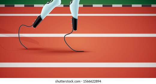 Athlete with Prosthetic legs on running track. Amputated legs replaced with sports prostheses. Paralympic run equipment. Vector Illustration isolated on white background.