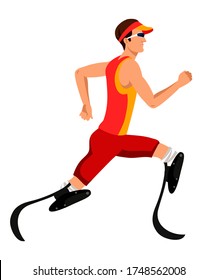 Atleta con piernas protésicas corre maratón. Competencias de hombres discapacitados en juegos paralímpicos, formación deportiva activa. Ilustración del carácter vectorial de la tolerancia, la inclusión, la accesibilidad y la diversidad