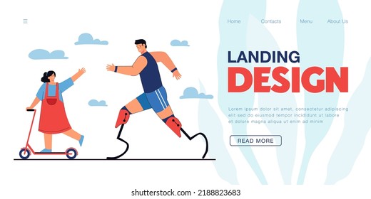 Athlete With Prosthetic Legs Running With Girl On Kick Scooter. Training Exercise Of Man And Child Flat Vector Illustration. Sport, Disability Concept For Banner, Website Design Or Landing Web Page