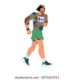 Athlete with pulse meter smart watch does cardio workout. Jogger running, training for competition. Runner in headphones jogging in marathon. Active man does sport. Flat isolated vector illustration