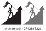 Athlete raising flag on mountain peak, climbing up, successful mountaineer, conquer new heights