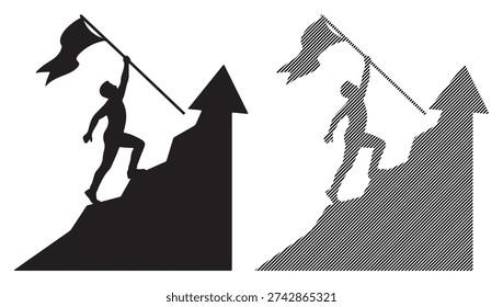 Athlete raising flag on mountain peak, climbing up, successful mountaineer, conquer new heights