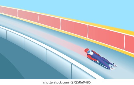 Sportler in Rot und Blau fahren eine kurvenreiche Eisbahn entlang, die Präzision und aerodynamische Kontrolle in einem spannenden Winterspiel zeigt. Abfahrt mit hoher Geschwindigkeit im Wintersport Luge.