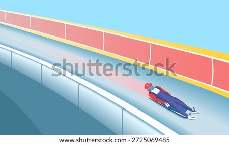 Athlete in red and blue speeds down a curved icy luge track, showcasing precision and aerodynamic control in a thrilling winter games. High-speed descent in the winter sport Luge.