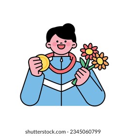 An athlete rejoices with a gold medal around his neck and a flower in one hand. outline simple vector illustration.