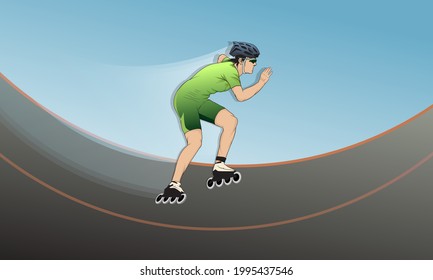 The athlete rides on roller skates wearing a protective helmet, suit and skates.