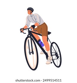 Athlete riding bicycle. Active man cycling in helmet and sportswear. Outdoor sport activity. Cyclist, bicyclist in trip on mountain bike. Flat vector illustration isolated on white background