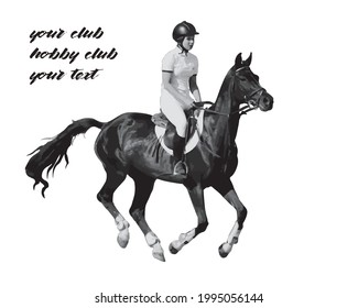 athlete riding a horse at a gallop, show jumping, realistic isolated monochrome image