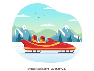 Schlittenfahrer-Illustration mit Schlitten mit Schnee, Eis und Bobsled Bahn für den Wettbewerb im Winter Sport Aktivitäten Flach Cartoon handgezeichnete Vorlagen