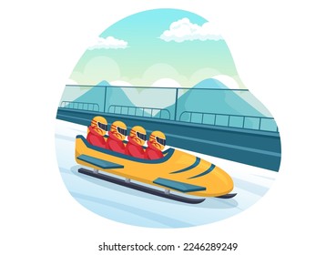 Schlittenfahrer-Illustration mit Schlitten mit Schnee, Eis und Bobsled Bahn für den Wettbewerb im Winter Sport Aktivitäten Flach Cartoon handgezeichnete Vorlagen