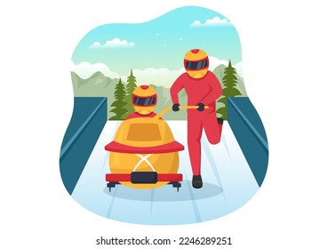 Schlittenfahrer-Illustration mit Schlitten mit Schnee, Eis und Bobsled Bahn für den Wettbewerb im Winter Sport Aktivitäten Flach Cartoon handgezeichnete Vorlagen