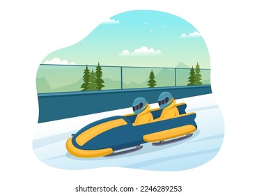 Schlittenfahrer-Illustration mit Schlitten mit Schnee, Eis und Bobsled Bahn für den Wettbewerb im Winter Sport Aktivitäten Flach Cartoon handgezeichnete Vorlagen