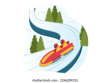 Athlete Riding Sled Bobsleigh Illustration with Snow, Ice and Bobsled Track for Competition in Winter Sport Activity Flat Cartoon Hand Drawn Templates