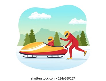 Athlete Riding Sled Bobsleigh Illustration with Snow, Ice and Bobsled Track for Competition in Winter Sport Activity Flat Cartoon Hand Drawn Templates