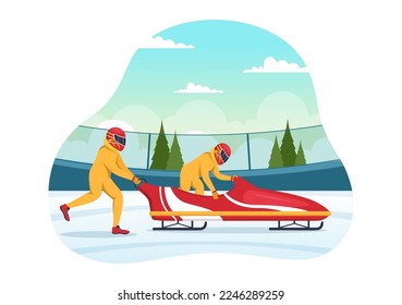 Schlittenfahrer-Illustration mit Schlitten mit Schnee, Eis und Bobsled Bahn für den Wettbewerb im Winter Sport Aktivitäten Flach Cartoon handgezeichnete Vorlagen